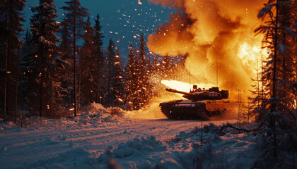 A military Russian tank shoots in the winter forest.