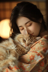 Beautiful Asian girl cuddling with a fluffy ginger cat.