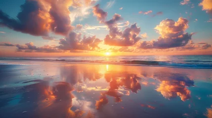 Photo sur Plexiglas Aube A breathtaking sunrise over a serene beach, casting golden light across the sea and sand, with waves gently breaking on the shore.