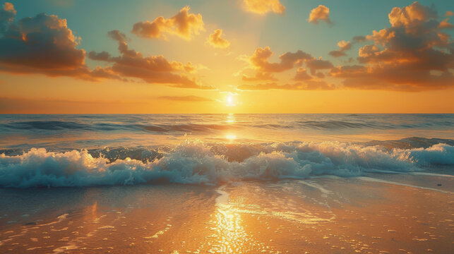 A breathtaking sunrise over a serene beach, casting golden light across the sea and sand, with waves gently breaking on the shore.