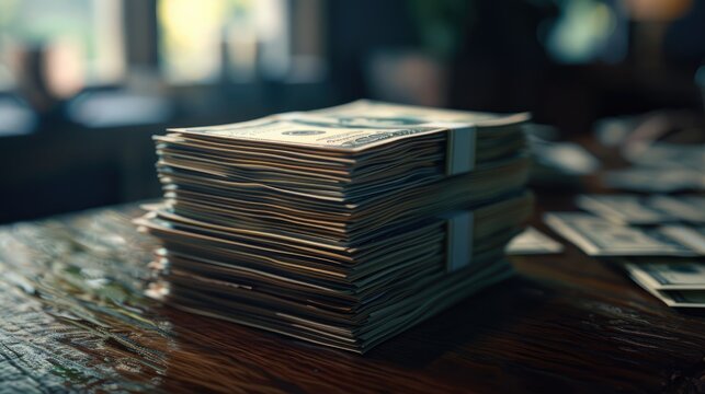 Pile of Dollars on Wooden Surface, neatly stacked pile of US dollar bills is prominently positioned on a wooden table, with soft lighting accentuating its texture and detail, conveying wealth or finan