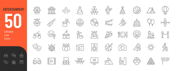 Entertainment Line Editable Icons set. Vector illustration in modern thin line style of leisure and hobbies related icons: party, concert, outdoor recreation, and more. Pictograms and infographics.