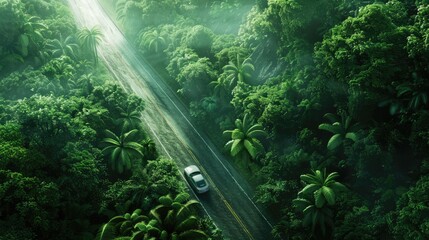 Solitary Car on Jungle Road, Aerial view of a solitary car traveling down a winding road enveloped by the lush greenery of a dense jungle, with rays of sunlight piercing through the canopy