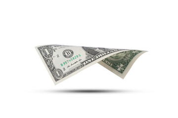 Isolated of 1 USD dollar banknote flying on white background , Dollar is currency of United States...