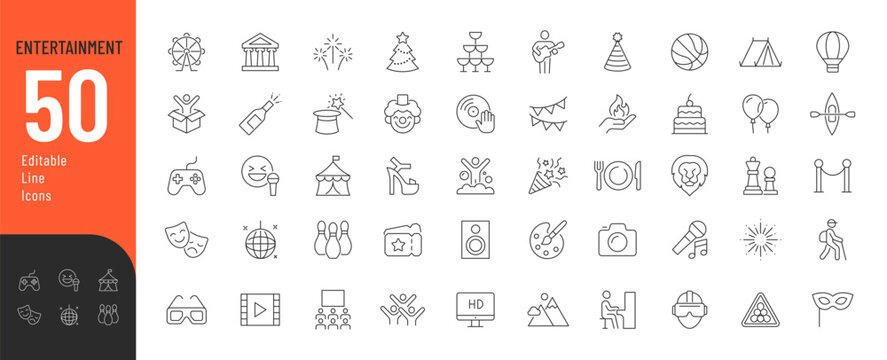Entertainment Line Editable Icons set. Vector illustration in modern thin line style of leisure and hobbies related icons: party, concert, outdoor recreation, and more. Pictograms and infographics.
