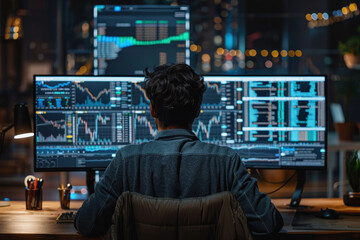A man sits behind modern large monitors and sells on the exchange, bitcoin, coin schedule.