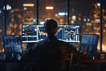 A man sits behind modern large monitors and sells on the exchange, bitcoin, coin schedule.