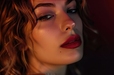 Mysterious Beauty, close-up portrait of a woman with alluring makeup, red lips, and wavy hair, exuding a sense of mystery and sophistication in dim, warm light