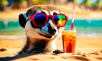 meerkat resting on the sea and by the pool. Selective focus. - obrazy, fototapety, plakaty