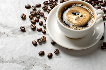  Black coffee and coffee beans on a white marble table. © Prasanth