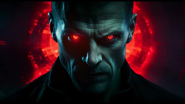 Portrait of a crazy villain with red eyes on a futuristic background. The face of an angry man is furious.