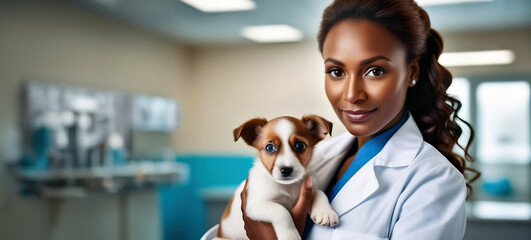 dark-skinned girl veterinarian gently hugs a small puppy while holding her in her arms, symbolizing love and care for animals against the backdrop of a medical office with free space for advertising