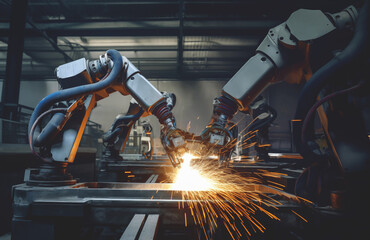 Robotic Welding. Robots welding in workshop of industrial plant. Robotic Welding Systems and Arc Machines. Automated arc welding on factory. CNC machining, Robotic milling and cutting tools - obrazy, fototapety, plakaty