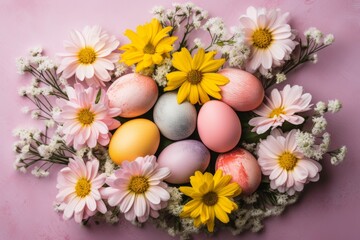 Fototapeta na wymiar Cheerful easter pastel background with delicate motifs, vibrant design and soft lighting