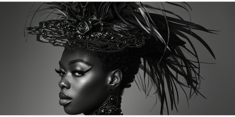 Beautiful African Woman with Feathers and Earrings in Stylish Black Hat, Portrait of Elegant Tribal Female Model