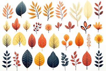Collection of autumn leaves sticker clipart set illustration with pattern background