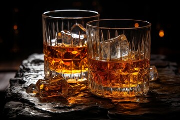 Capturing the perfect composition. glass of whiskey with distinctive and visible ice cubes