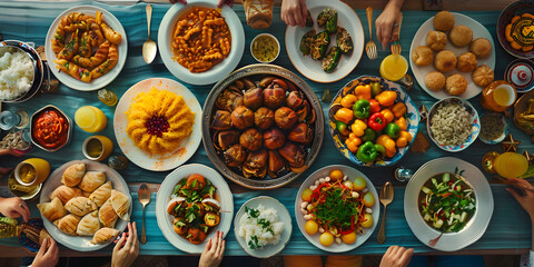 Top View of Iftar Food Spread Featuring Various Dishes, with Selective Focus on White Bowl of Dried Dates