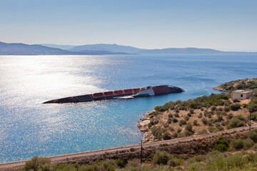 Beautiful landscape at Attica region viewing the bay of Salamina island and the shipwreck of a...