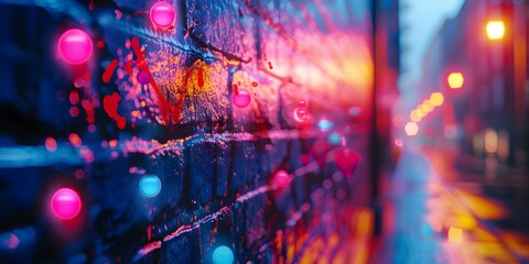 Neon graffiti splashes on urban walls creating a cool city atmosphere. Concept Urban Photography, Neon Graffiti, City Vibes, Colorful Street Art