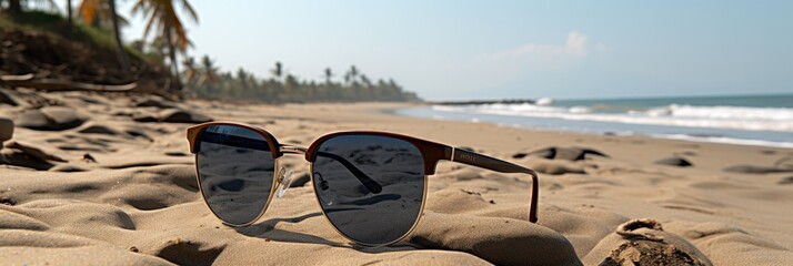 Scenic beach view with sandy shore, stylish sunglasses, the background