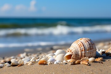 High-quality aerial view of beautiful seashell on sandy beach landscape - obrazy, fototapety, plakaty