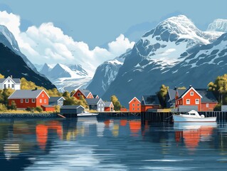 A serene Norwegian village with red houses by the fjord under majestic mountains, reflecting natural beauty