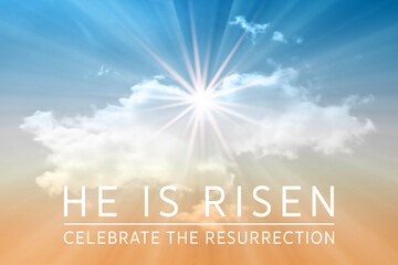 Easter illustration with the text 'He is Risen' and a shining cross on defocused color sky with lightbeam.
