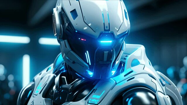 Combat robot in military metal armor. Futuristic cyborg security guard. Technology, robotics, artificial intelligence and future concept.