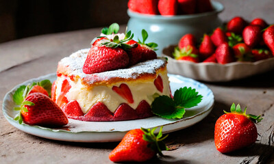 homemade strawberry cake on a plate. Selective focus.