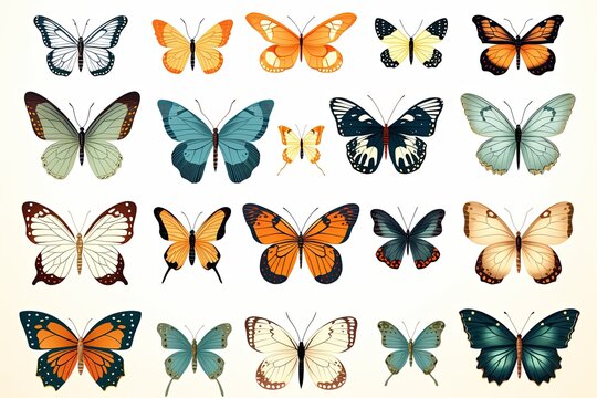 Printable colorful cute butterflies sticker clipart cartoon Illustration set on white background