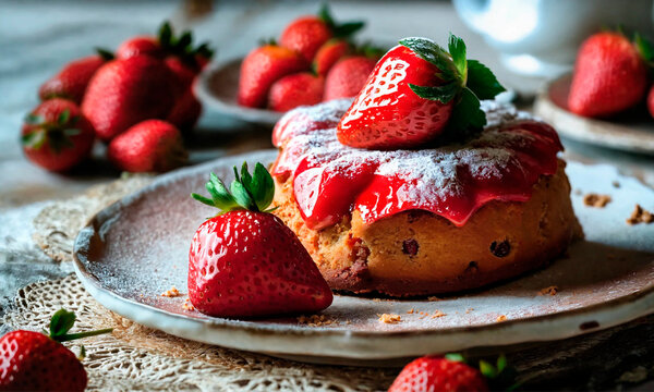 homemade strawberry cake on a plate. Selective focus.