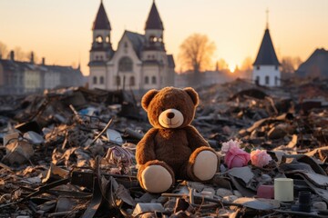 Plush toy positioned on the right side against a backdrop of destroyed buildings - obrazy, fototapety, plakaty