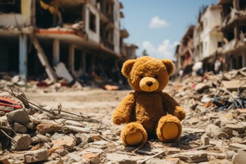 Plush toy against a background of destruction and desolation among ruined buildings - obrazy, fototapety, plakaty