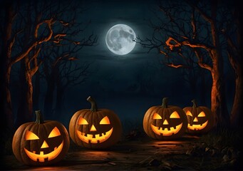 Jack O&rsquo; Lanterns Glowing At Moonlight In The Spooky Night - Halloween Scene