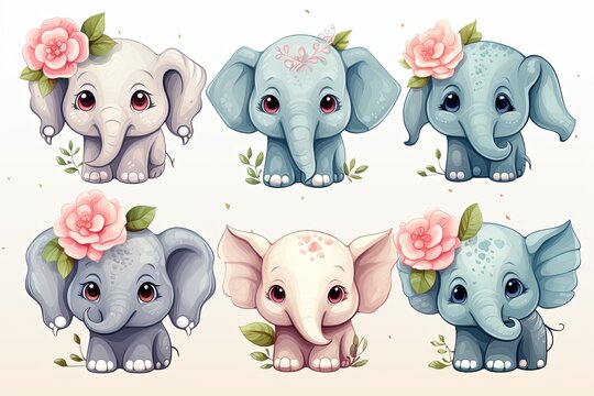 Printable baby elephant animal sticker clipart cartoon Illustration set, 3d render