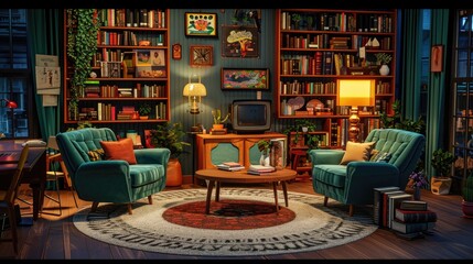 A cozy vintage-themed living room featuring plush armchairs and a classic television set, staged for an intimate TV hosting show..