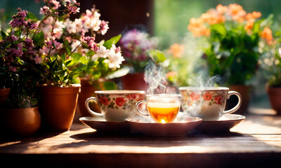 cup of tea and flowers in the garden. Selective focus.