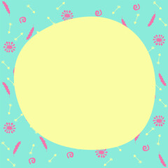 Background with tribal elements such as arrows and feathers, in green yellow and pink colors