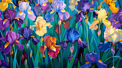 Fototapeta na wymiar A Flourishing Display of Vibrant Irises Adorning a Sunlit Garden: A Blissful Portrayal of Springtime