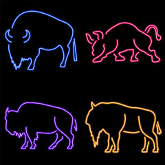 buffalo group of neon icons, vector illustration on black background.
