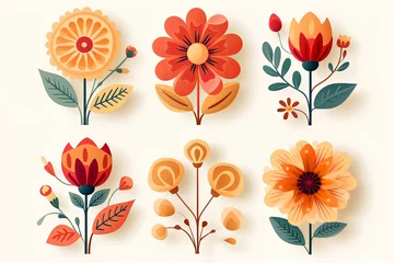 Fotobehang Set of colorful tiny wild flowers boho and botanical plants line art illustrations set © pixeness