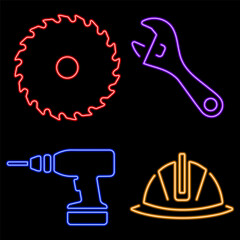 construction tools group of neon icons, vector illustration on black background.