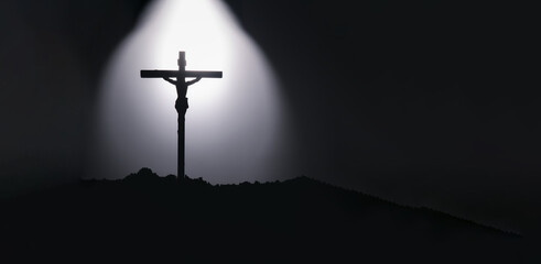 Jesus Christ cross religion symbol. Church Cross on a hill top in Silhouette. Black and white cross...