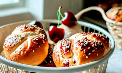 homemade buns with cherries in a basket. Selective focus. - obrazy, fototapety, plakaty