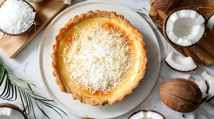 Fresh coconut custard tart on white background