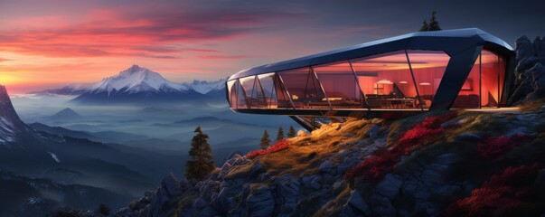 Luxury and modern tourist shelter, cottage in the mountains with sunset light, banner. Generative Ai. - obrazy, fototapety, plakaty