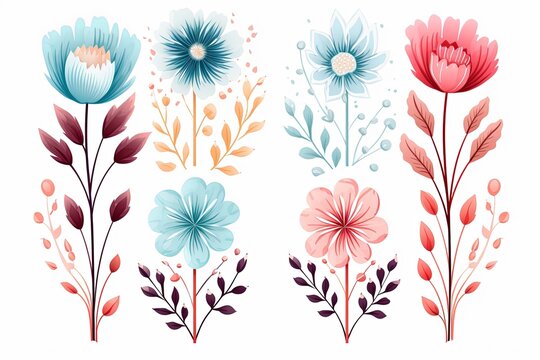 Set of colorful tiny wild flowers boho and botanical plants line art illustrations set