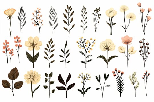 Set of tiny wild flowers boho and botanical plants line art illustrations set