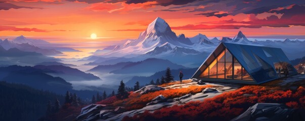 Luxury and modern tourist shelter, cottage in the mountains with sunset light, banner. Generative Ai.